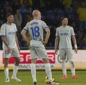 Guridi, Benavídez y Garcés, tras el gol del empate en Las Palmas.