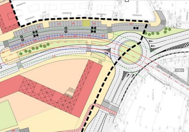 Así quedará el nuevo acceso, con una rotonda, junto a los edificios de viviendas que se levantarán.