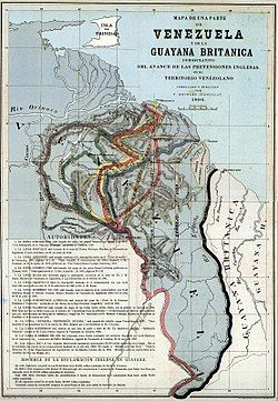 Mapa de 1896 de la antigua Guayana Británica y las diversas líneas de límites trazadas, que muestran las máximas aspiraciones británicas y el río Esequibo que Venezuela considera como su frontera.