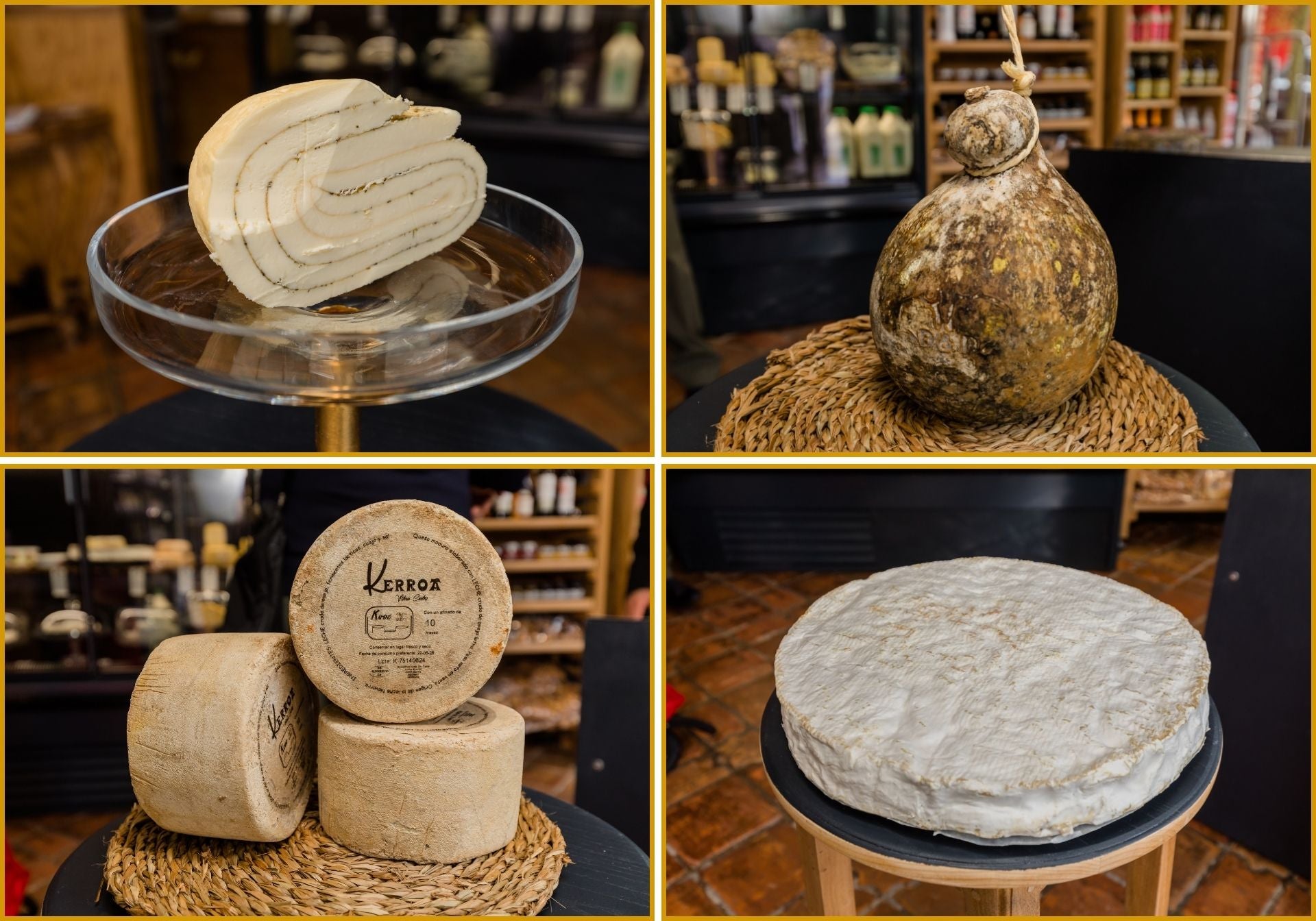 Arriba, mantequilla ahumada con hierbas provenzales que prepara Andoni Vigalondo y el queso italiano Caciocavallo. Debajo, piezas de Kerroa, elaborado con leche de oveja latxa, y un francés, Brie de Meaux.