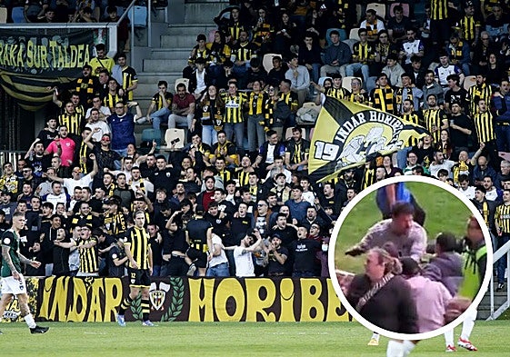 La imagen más fea del derbi entre el Barakaldo y el River: tensión entre Iago Herrerín y el fondo sur de Lasesarre