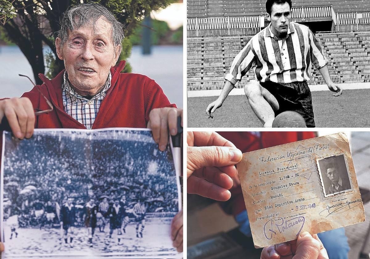 Manuel Etura, con una mítica imagen del partido de la nieve tomada por Manu Cecilio. A la derecha, entrenando en San Mamés y su primera ficha con el Athletic.