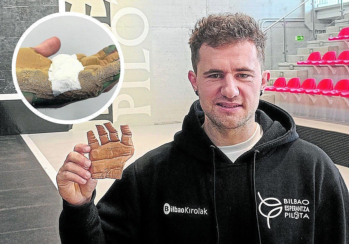 Estrada muestra una protección elaborada con su propio material y bajo sus pautas. Arriba a la izquierda, un detalle.