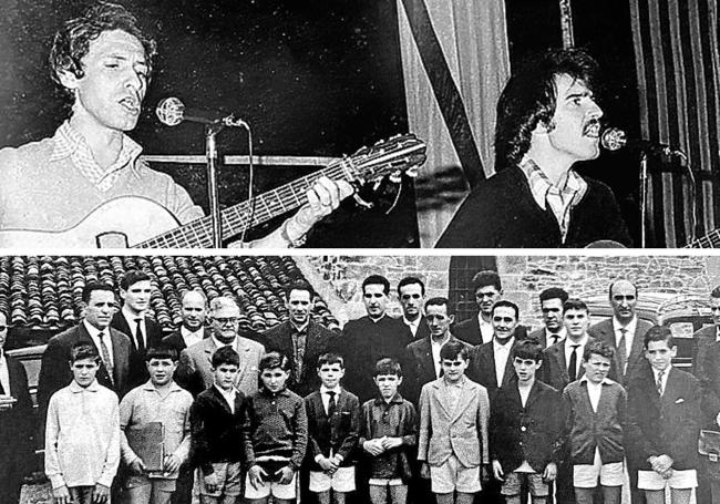 Inicios. Gontzal Mendibil (con bigote), en una actuación junto a Xabier Castillo 'Xeberri' a mediados de los 70 y, abajo, (es el más pequeño de todos) como parte del coro parroquial de Zeanuri.