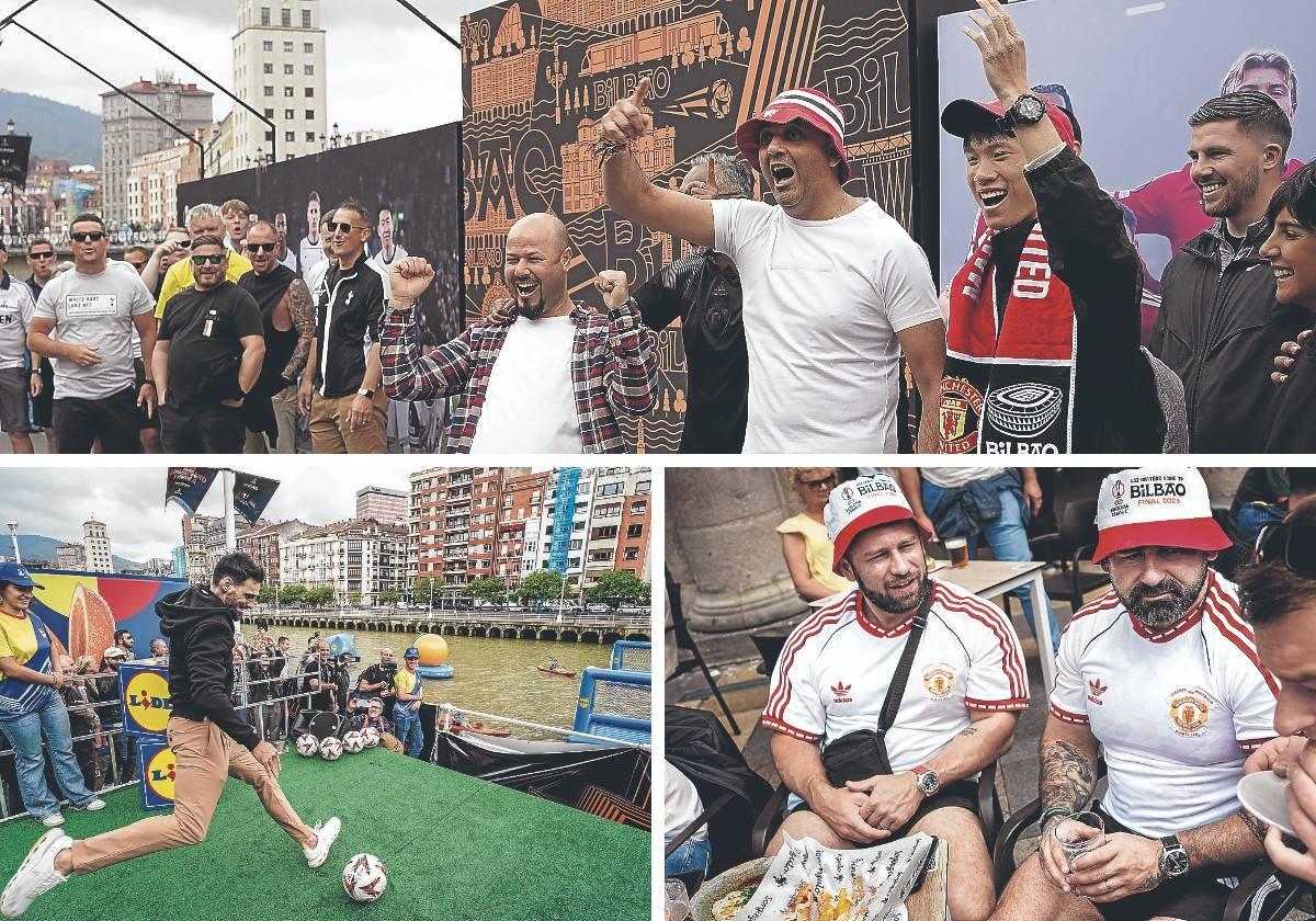 Arriba, aficionados posan ante sus respectivos equipos en El Arenal. Abajo, Aduriz prueba a lanzar un penalti a la ría. Ingleses con gorros de la final descubren los pintxos.