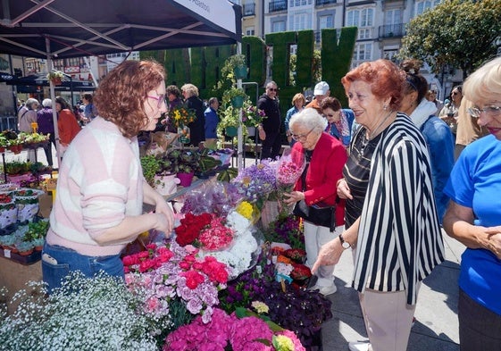 La plaza de la Virgen Blanca acoge un concurrido mercado de flores.