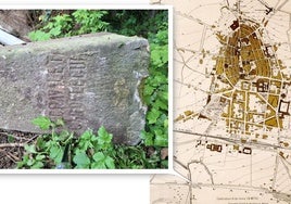 El hito que apareció en El Batán del que sale una flecha, en el vértice inferior derecho, que indica su ubicación en el plano de la Vitoria de 1888 obra de Dionisio Casañal.