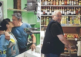 A la izquierda, Maribel y Felipe se besan poniendo fin a la actividad comercial. Y a la derecha, Rafa Galíndez con las estanterías perfectamente ordenadas.