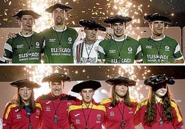 En la imagen superior, la selección masculina de Euskadi, que se impuso en la final en categoría masculina, y abajo las chicas de España, que ganaron en femenina.