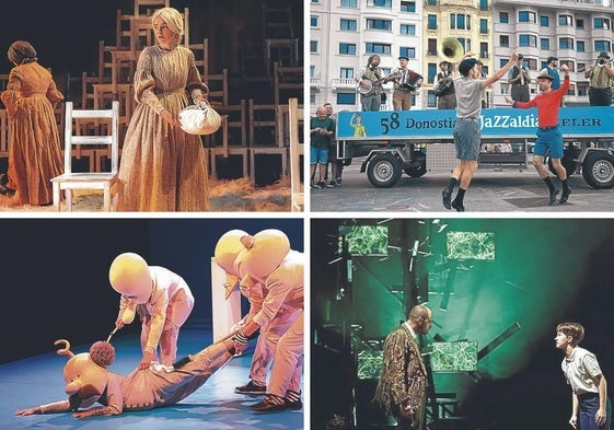 Arriba, 'Del color de la leche' (mejor espectáculo teatral y mejor actriz), y 'Euskorleans' (espectáculo de calle). Abajo, 'Mr. Bo' (espectáculo infantil o familiar y vestuario) y 'Un monstruo viene a verme' (espacio escénico).
