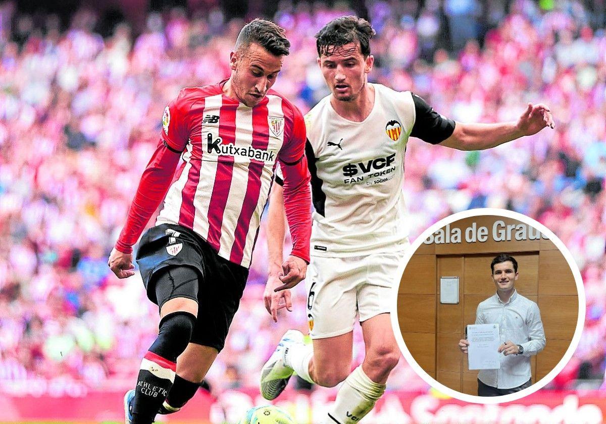 Hugo Guillamón, al que pretendió el Ahletic en su momento, vigila a Berenguer. En el círculo, el jugador posa con su TFG.