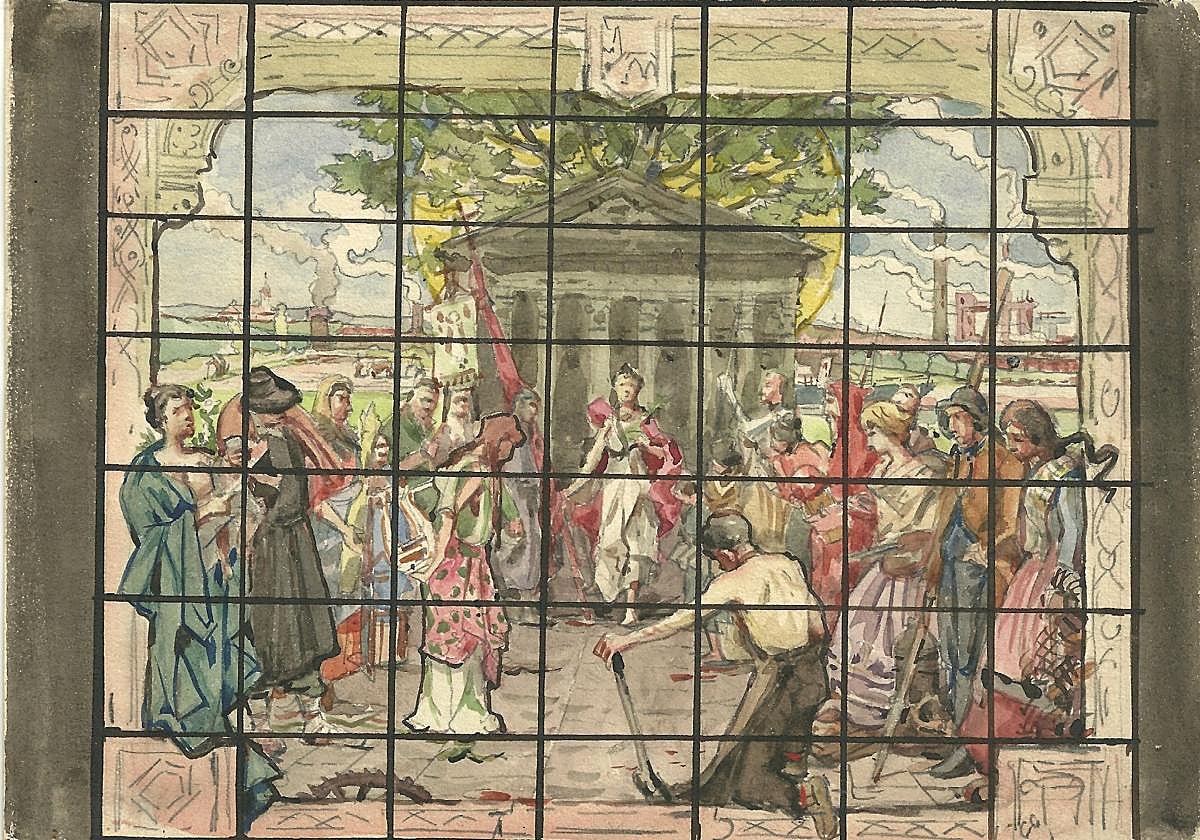 El croquis, realizado en acuarela, lápiz y tinta, presenta los elementos fundamentales de la obra definitiva.