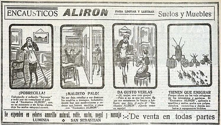 Publicidad de los encáusticos Alirón, que dejan el suelo limpio y brillante y obligan a las cucarachas a emigrar.