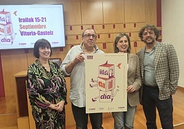 Clara Navas, directora de Turismo de Gobierno Vasco, José Ángel Suarez, organizador de Magialdia y Sonia Díaz de Corcuera, concejala de Cultura y Educación en el acto de presentación