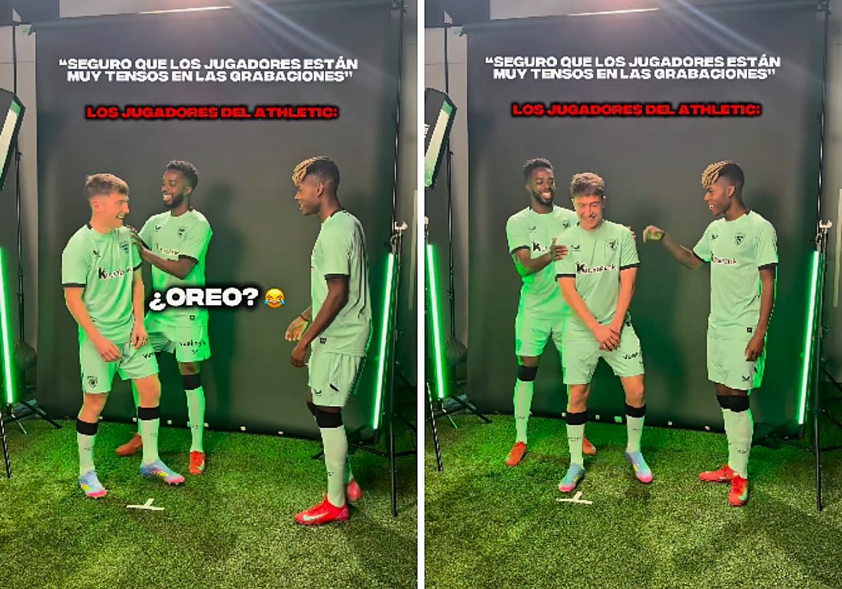 La broma de los hermanos Williams a Jauregizar durante la sesión fotográfica de las nuevas camisetas del Athletic