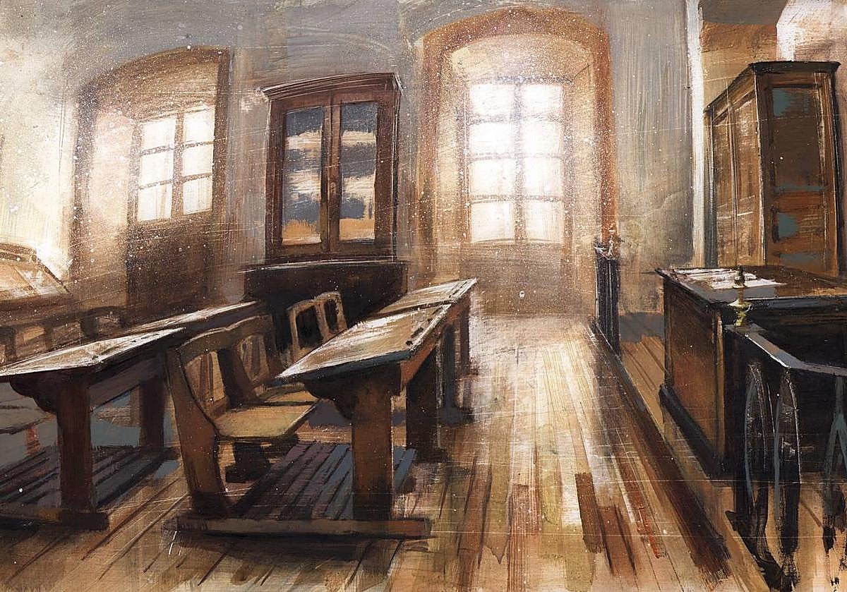 Imagen principal - Escenarios vitales. El aula donde daba clase en Soria, el edificio Metrópolis de Madrid y la Plaza Mayor de Segovia. Ilustraciones del libro 'Las ciudades de Machado', escrito por Carlos Aganzo y editado por Tintablanca. 