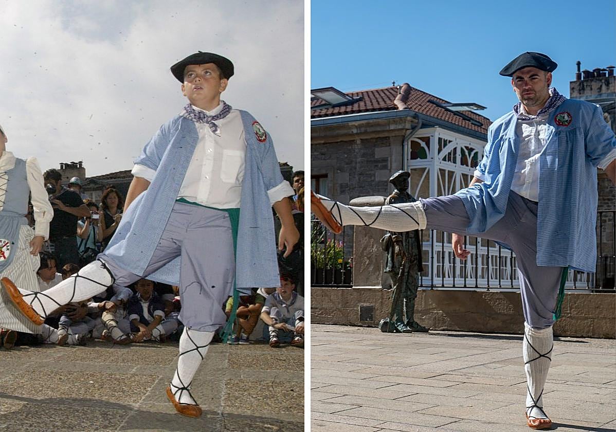 Iñaki Kerejazu baila el aurresku como Celedón Txiki en 2004 y en la actualidad.