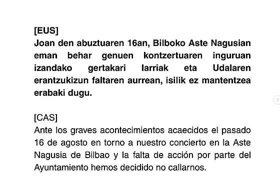 Comunicado íntegro de Kai Nakai, Maren y Olatz Salvador contra el Ayuntamiento de Bilbao