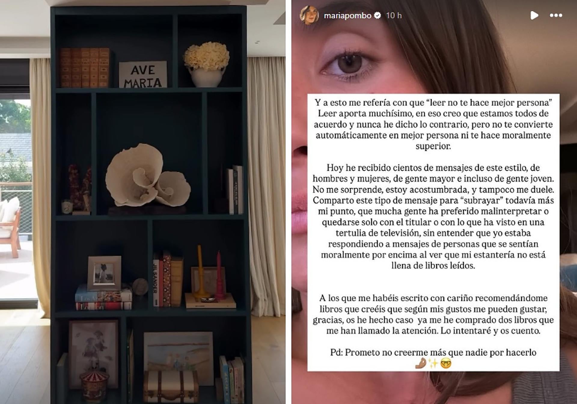 La estantería de la discordia y el mensaje en el que denuncia insultos.