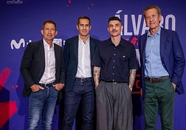 Carlos Martínez, Pablo Moreno, Álvaro Benito y Jorge Valdano, durante la presentación.