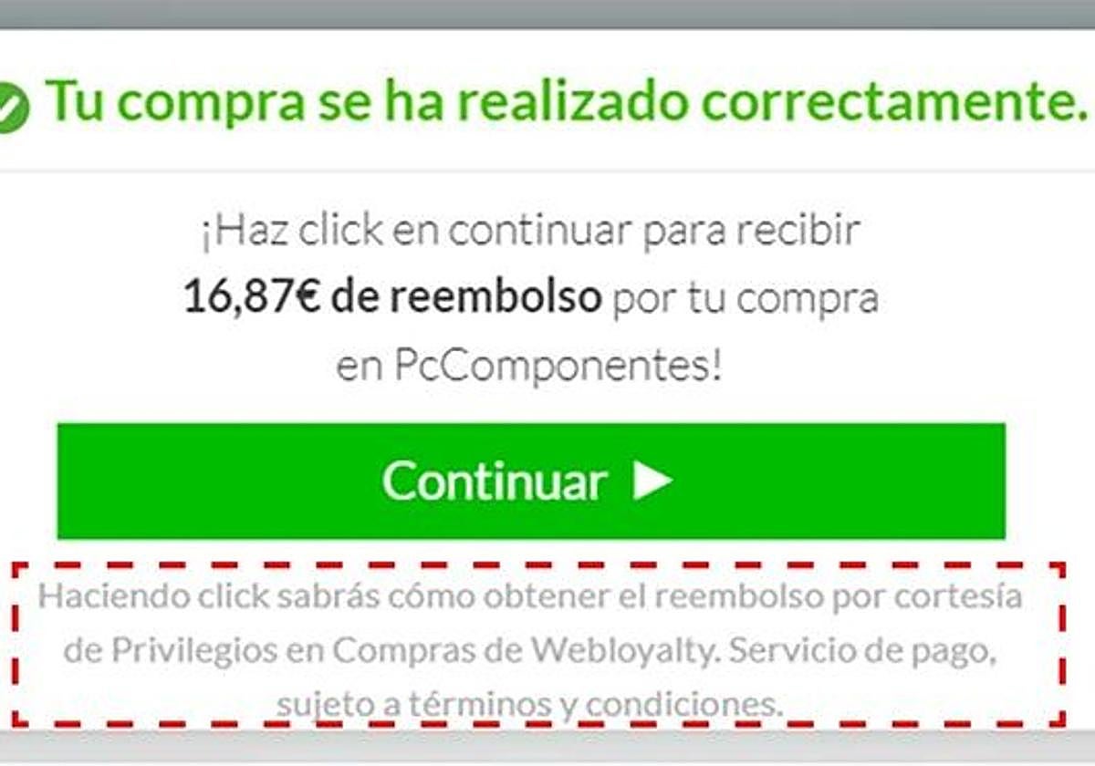 Mensaje con la opción de reembolso en una página web colaboradora de Privilegios en Compras.