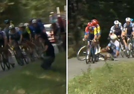 Un manifestante propalestino provoca la caída de Javi Romo en la Vuelta
