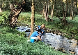 Unos técnicos toman muestras en un río.