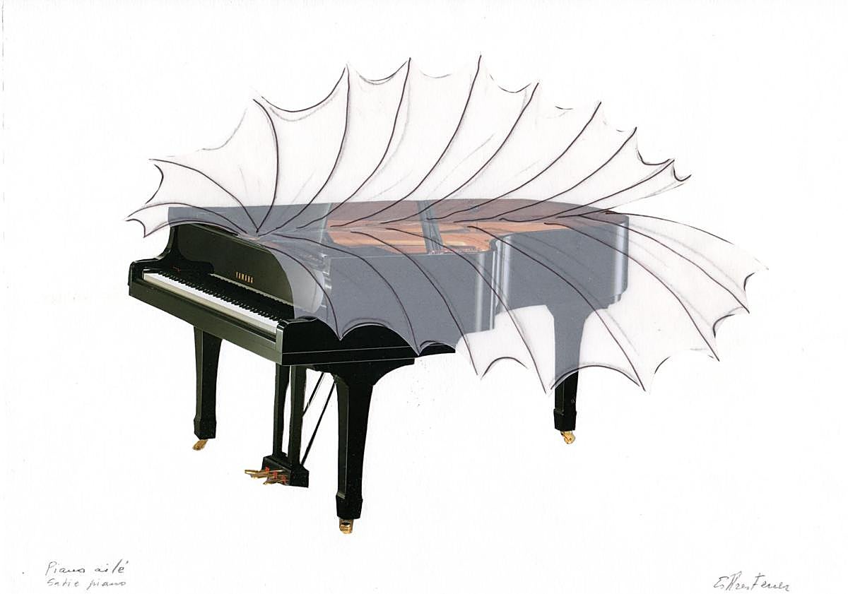 Imagen principal - 'Piano ailé', dibujo de Esther Ferrer; un calendario diseñado por Gema Intxausti, y esbozo de 'Microhistoria de animación en acetato', de José Félix González Placer.