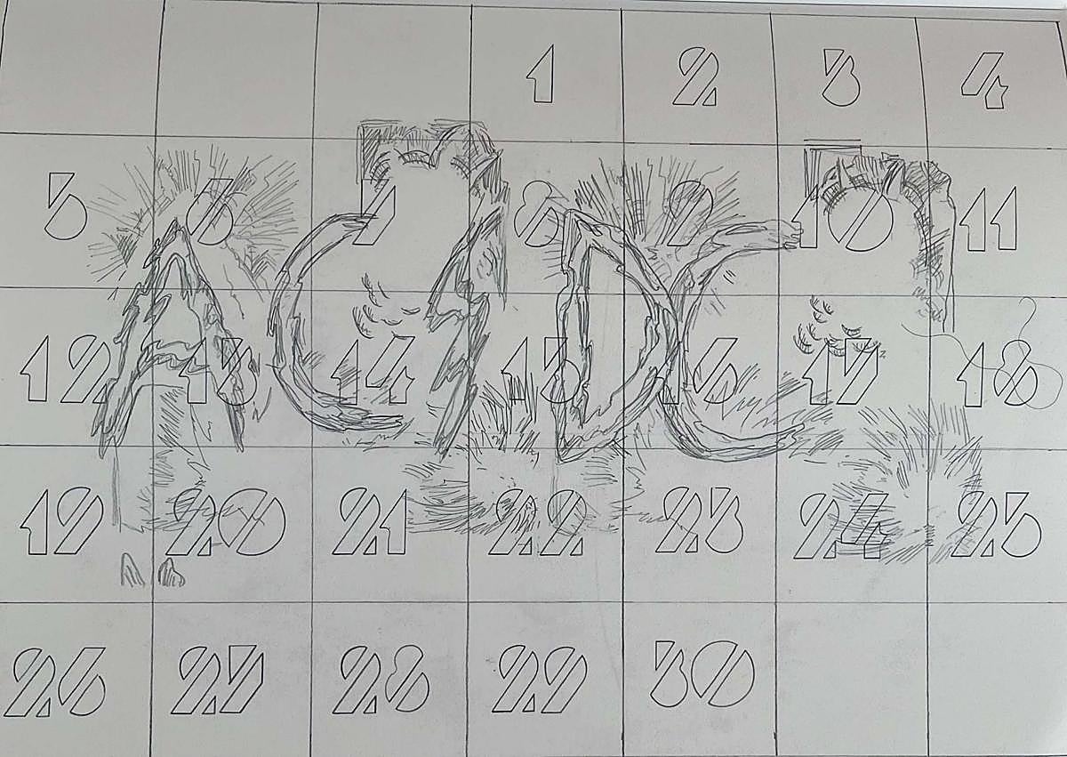 Imagen secundaria 1 - 'Piano ailé', dibujo de Esther Ferrer; un calendario diseñado por Gema Intxausti, y esbozo de 'Microhistoria de animación en acetato', de José Félix González Placer.