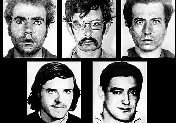 Arriba, José Luis Sánchez Bravo, José Humberto Baena y Ramón García Sanz, los tres del FRAP. Abajo, Juan Paredes Manot, 'Txiki', y Ángel Otaegi, de ETA.