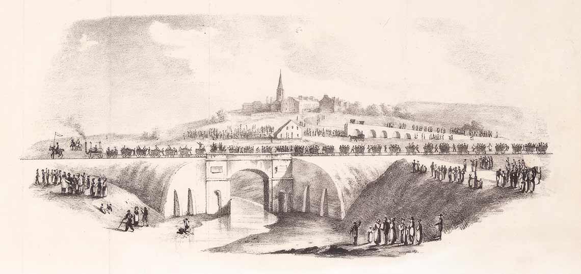 Litografía de la época que muestra el cruce del puente sobre el río Skerne en el primer viaje del tren.