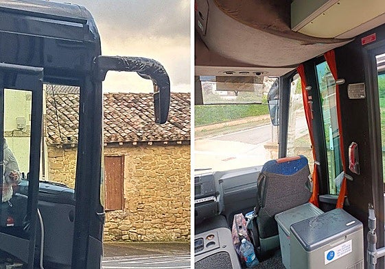 Retrovisor con cinta aislante y goteras en uno de los autobuses que cubre la ruta.