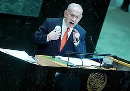 El primer ministro de Israel, Benjamin Netanyahu, comparece durante el debate general de la Asamblea General de la ONU.