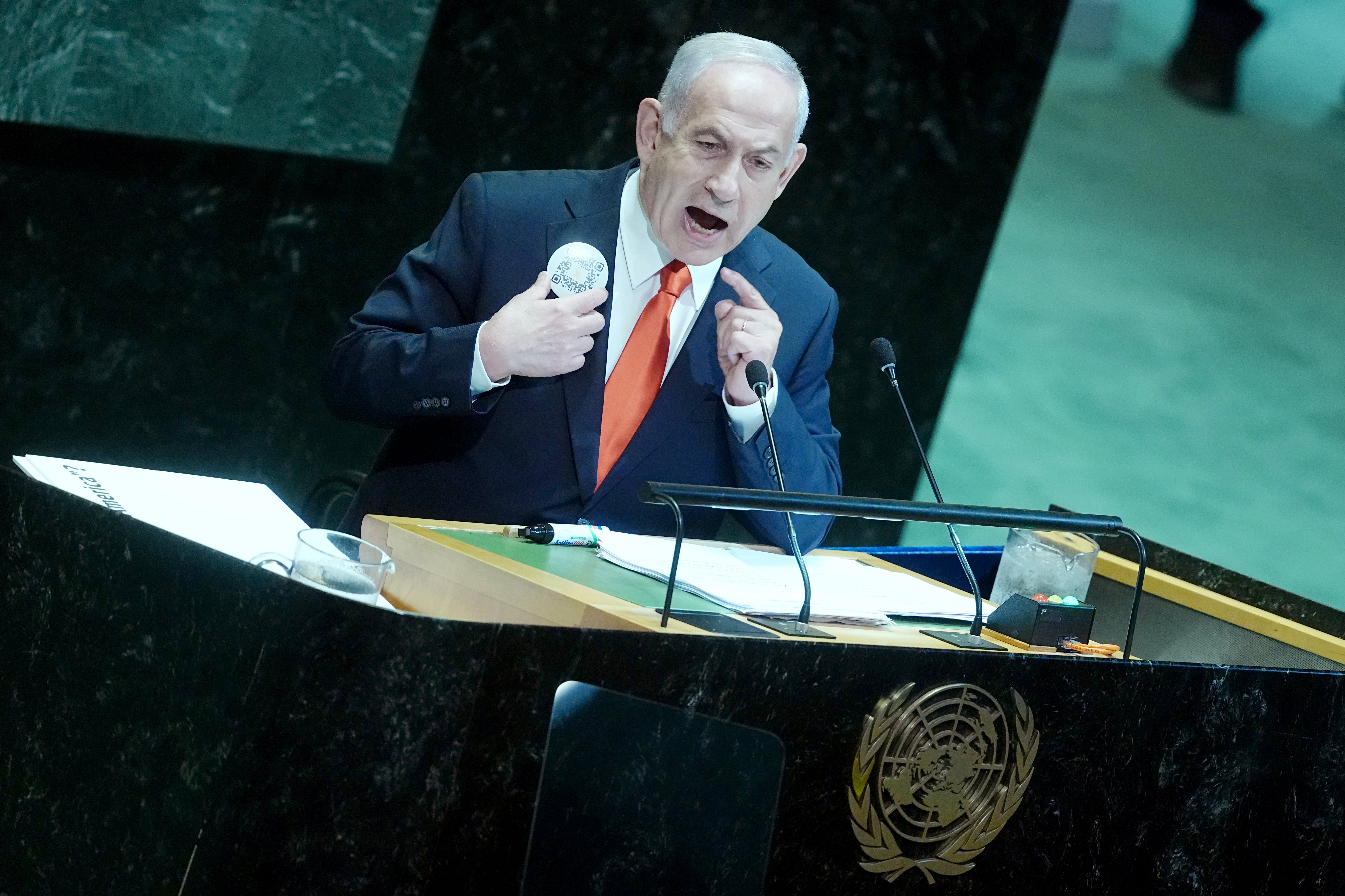 El primer ministro de Israel, Benjamin Netanyahu, comparece durante el debate general de la Asamblea General de la ONU.