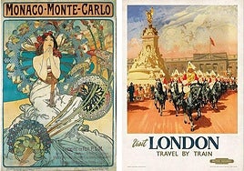 Alphonse Mucha anuncia la línea férrea Mónaco-Montecarlo con la imagen de una mujer en 1897. Gordon Nicoll anima conocer Londres en 1953.