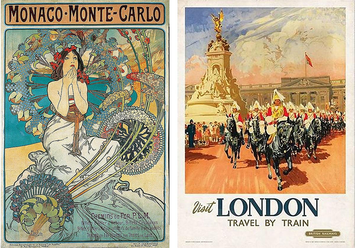 Alphonse Mucha anuncia la línea férrea Mónaco-Montecarlo con la imagen de una mujer en 1897. Gordon Nicoll anima conocer Londres en 1953.