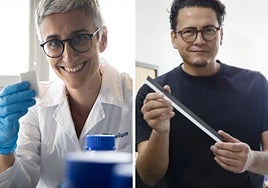 Juan Pablo Esquivel, cofundador de Fuelium, muestra una tira de las pilas de papel que fabrica la 'startup'.