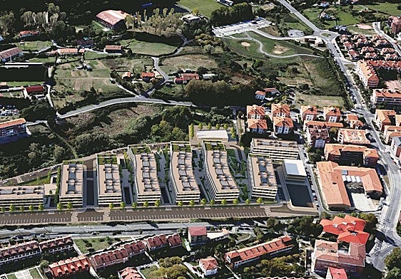 Infografía de cómo será la promoción de viviendas, el nuevo edificio del instituto y la zona de espacios libres en Urko.