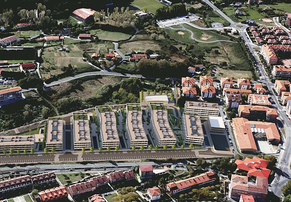 Infografía de cómo será la promoción de viviendas, el nuevo edificio del instituto y la zona de espacios libres en Urko.