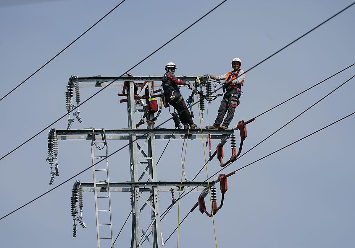 Operarios trabajan en una línea de alta tensión