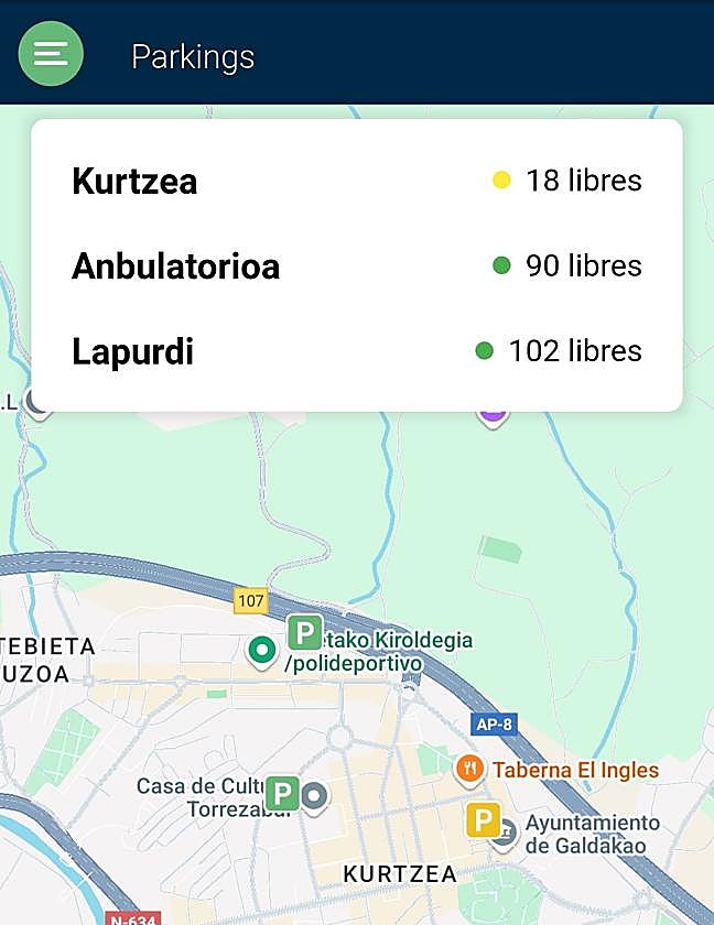La aplicación muestra las plazas libres en los tres principales parkings de Galdakao.