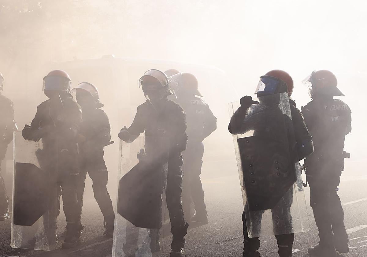 Agentes antidisturbios de la Ertzaintza, durante las manifestaciones propalestinas del miércoles en Vitoria.