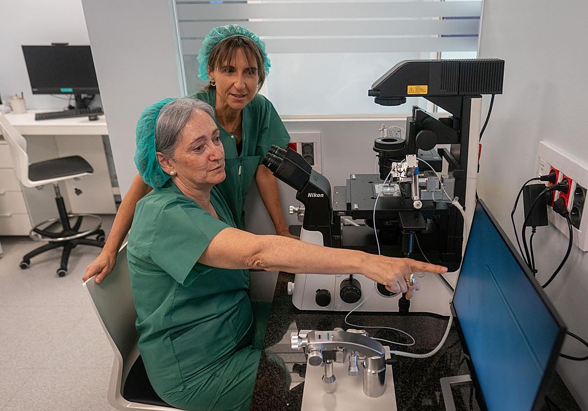 La embrióloga Teresa Ganzabal junto a la jefa de la unidad Ainhoa Fernández de Romarategui.