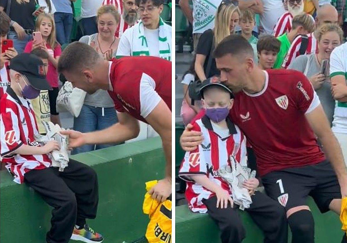 El gesto de Unai Simón con un niño que viajó de Murcia a Elche para animar al Athletic y conocer a su ídolo