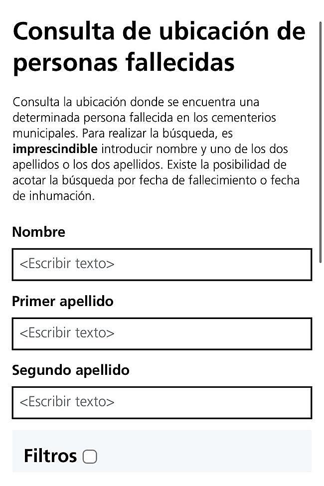 Así son los campos que los usuarios tendrán que rellenar para encontrar a sus allegados en los cementerios.