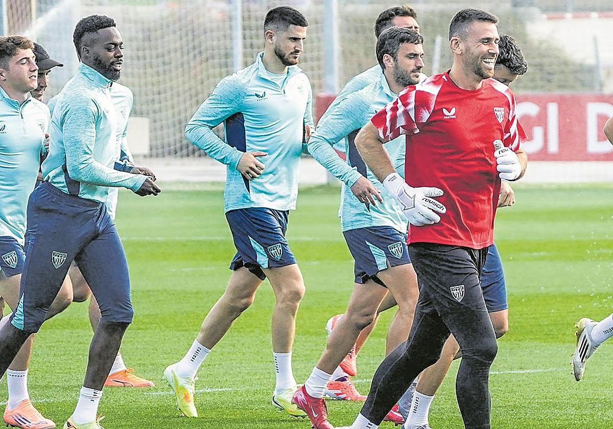 Los jugadores del Athletic, en el último entrenamiento antes del choque de Champions.