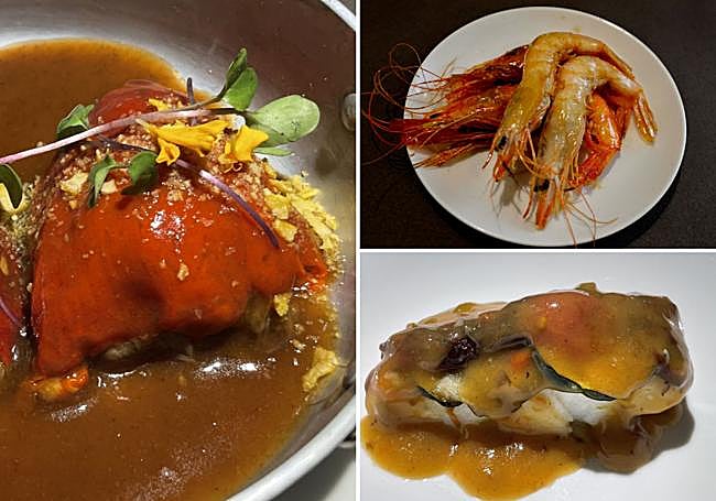 Pimientos de piquillo tudelanos que cubren un guiso de rabo, zancarrón, manitas y verduras cocinados con vino tinto. Tiempo y sabor, ración de gamba blanca de Huelva y Bacalao Club Ranero (con pisto por encima y el calabacín en rodaja), el invento de Caverivière en 2025.