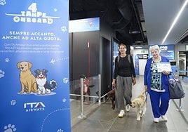 Una mujer se dispone a embarcar con su perrio en un vuelo de una aerolínea italiana.