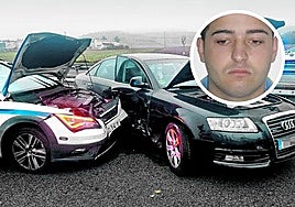 Uno de los coche de la banda del 'Niño Juan' cerca de Vitoria, tras impactar con un coche patrulla de la Ertzaintza. Arriba, el 'Niño Juan'.