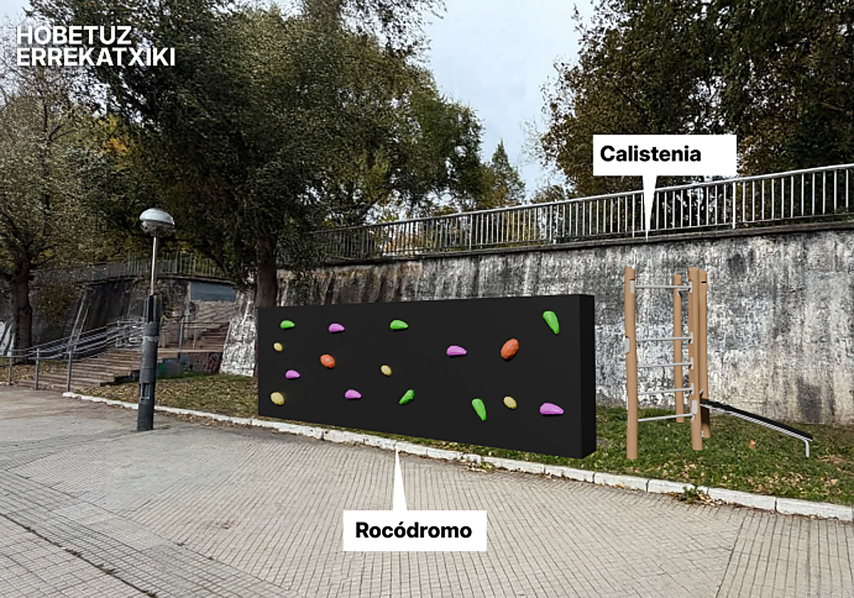 Imagen principal - Vitoria reformará el paseo de Errekatxiki con columpios, un rocódromo y máquinas para mayores